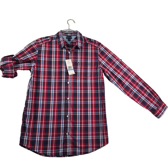 Tommy Hilfiger Button Down Shirt Long Roll Tab Sleeve Boys Size XL 20 Plaid NWT - Picture 1 of 8